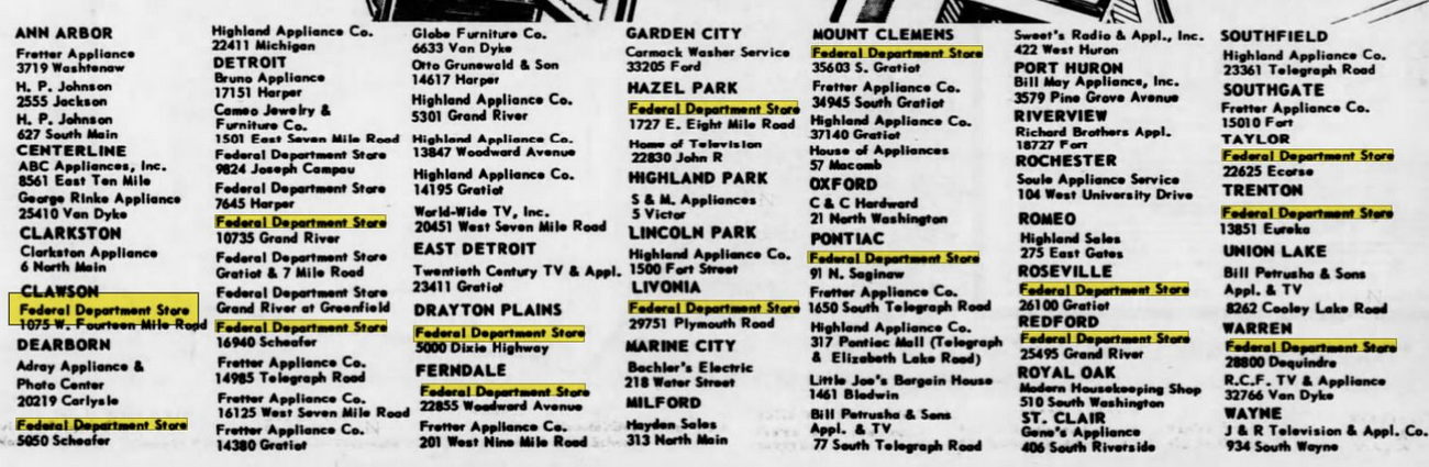 Federals (Federal Department Store) - Sep 11 1966 Store List (newer photo)